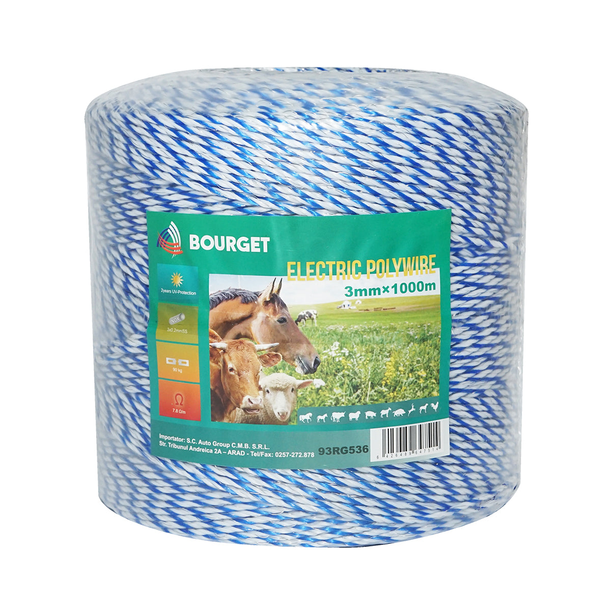 Blue-white wire roll 3mm 3x0.2mm SS, 1000m electric fence, resistance 7.8 Ohm Bourget